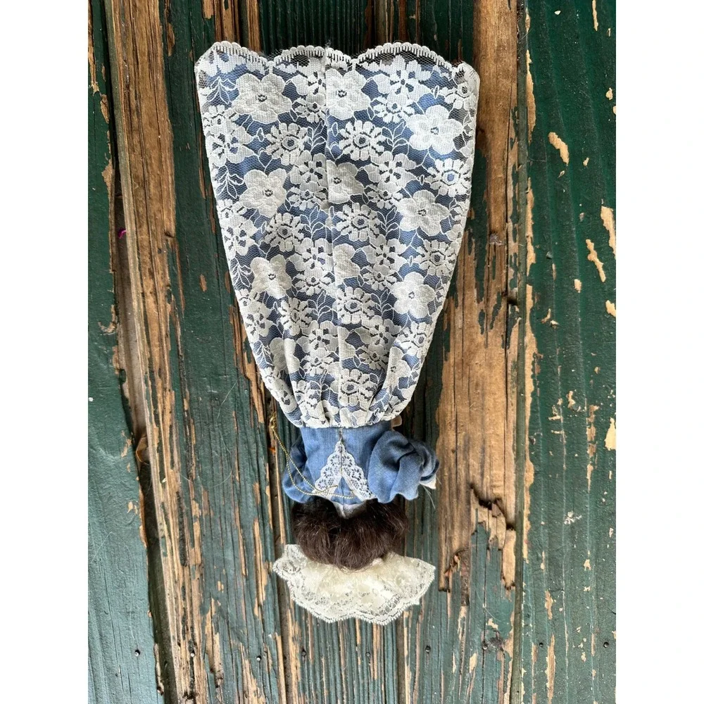 Vintage Porcelain Lace Doll Ornament Blue Denim Floral Dress‎ 9 Inch Taiwan